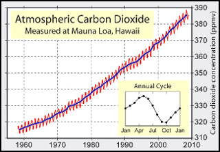 Graph showing atmospheric carbon dioxide levels for the years of 1960-2010.