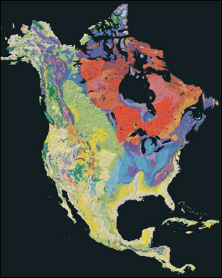 A map of North America with colors that represent the ages of the underlying rocks.