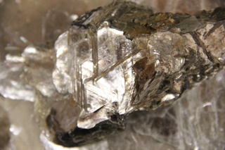 A mineral with a shiny luster and flaky cleavage.