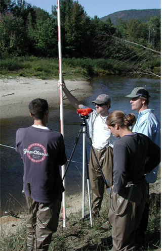 Four people with survey equipment near a river.