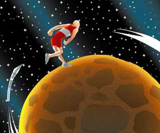 Drawing of someone throwing a javelin around a planet.