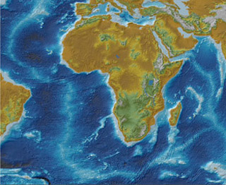 Topographic relief of the African plate. Areas of higher elevation are represented in light blue.
