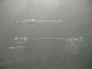 Photo of a student blackboard drawing showing  student viewer [left]; frame [middle];  viewed object[right] and relative motion [arrow].