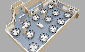 A 3d visualization of a large rectangular classroom, with 13 round tables each surrounded by 9 chairs. Projector screens and white boards lines the walls.