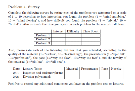Sample survey gauging student intetest, level of difficulty, and time spent on the problems in the first assignment.