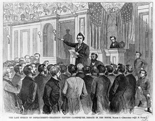 Engraving of senators gathered to impeach Andrew Johnson.