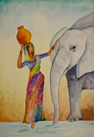 Image of elephant and woman sharing water.