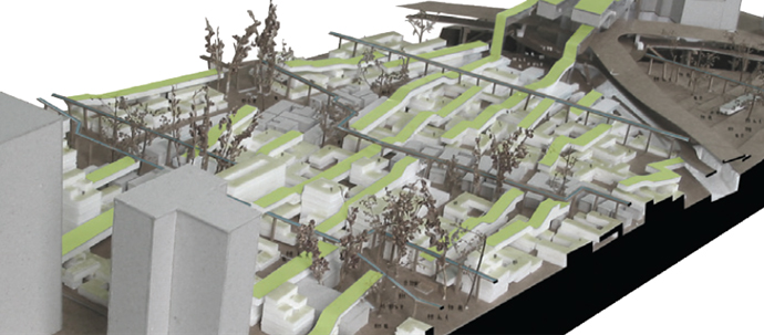 An illustration of a model showing a radical series of raised green areas and walkways through the center of a densely populated area.