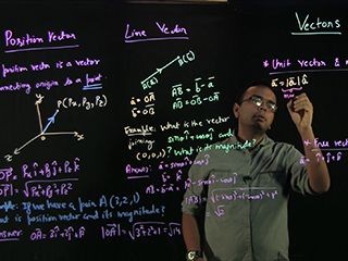 A man stands behind a clear piece of glass and writes equations in neon marker.