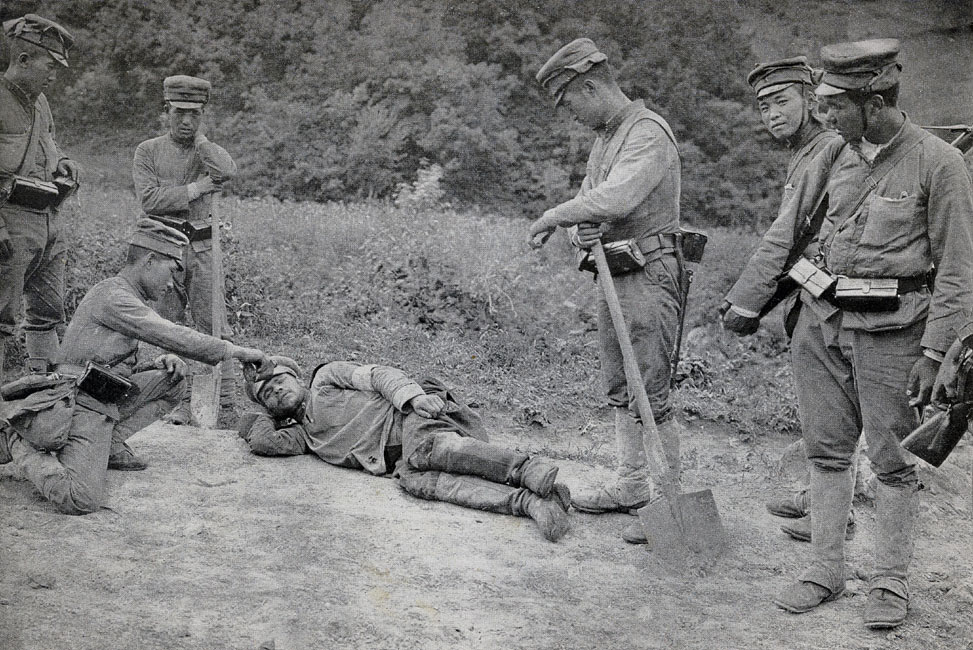 Russian Red Cross Soldier Wounded at Motien Pass page 113, A Photographic Record of the Russo-Japanese War, Edited by James H. Hare 1905, PF Collier & Son, New York