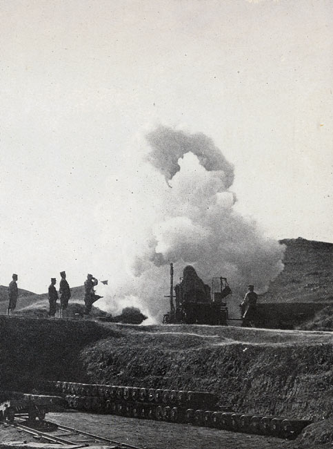 One of the Shells Beginning its Long Flight Toward Port Arthur page 219, A Photographic Record of the Russo-Japanese War, Edited by James H. Hare 1905, PF Collier & Son, New York
