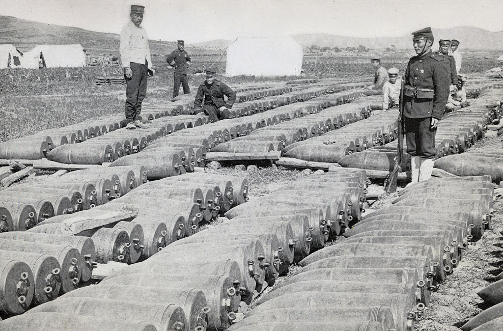 Five-hundred-pound Shells Waiting to be Hurled into Port Arthur  page 221, A Photographic Record of the Russo-Japanese War, Edited by James H. Hare 1905, PF Collier & Son, New York