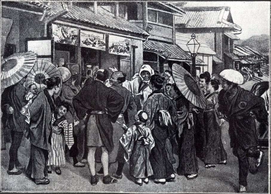 A crowd views the latest war prints displayed at a publishers shop. [0000_016] from Japans Fight for Freedom, part III (1904), p. 74.