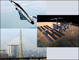 A collage of three photos: the X-31, the International Space Station, and the Leonard P. Zakim Bunker Hill Bridge.