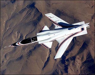 Photograph of an X-29 jet.
