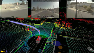 Image combining data taken by an autonomous vehicle with the views from its windows.