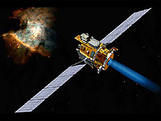 An artist's illustration of the Deep Space 1 spacecraft from behind that shows the blue plasma tail from the ion propulsion system that moves the craft toward a distant galaxy.