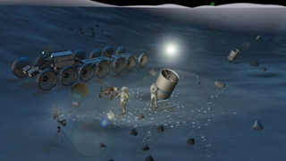 Artist's conception of astronauts setting up a lunar telescope array.