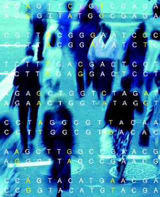 A nucleotide letter sequence overlaid onto a blurry photo of people crossing a street.