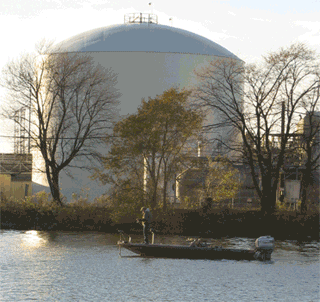 Three photos as an animated gif: a residential neighborhood, a house with a cooling tower in the background, and an industrial tank near a river.