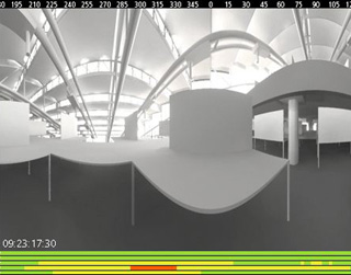 A grayscale rendering of a daylit studio space with timestamp and red, green, and yellow bars underneath.