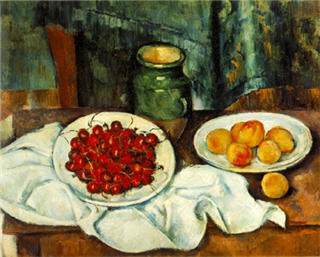 Painting of plates filled with cherries and peaches.