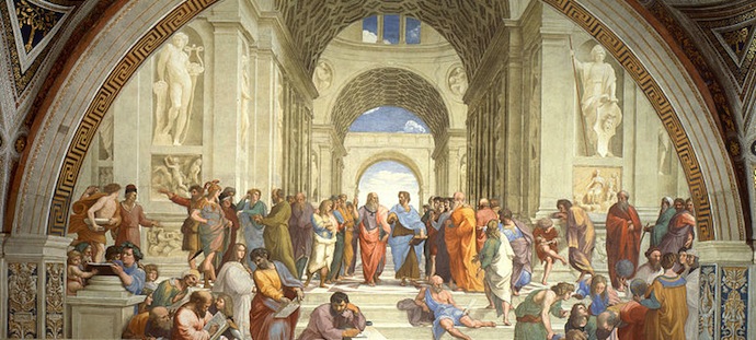 An ancient Greek fresco depicting people standing in a grand building talking together, dressed in togas.  