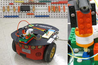 Three images, one of the completed robot with light-tracking head, and close-ups of the breadboard and Lego head.