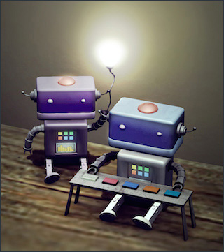 Rendering of two robots playing a game.