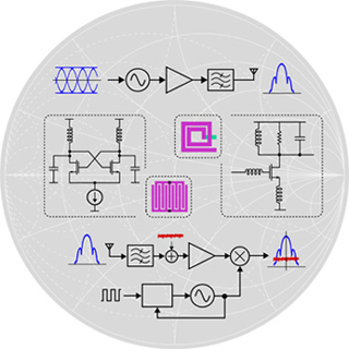 A grey, circular illustration overlaid with circuit and system diagrams.
