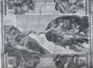 A photo of Michaelangelo's 'Creation of Adam' on the ceiling of the Sistine Chapel.