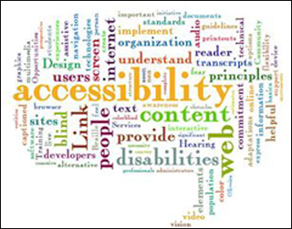 Word cloud of various terms used to describe the challenges of accessibility, including transcripts, standards, and captioned.