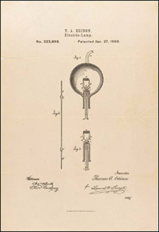 Drawing of an electric lamp and filament from Thomas Edison's U.S. patent, January 27, 1880.