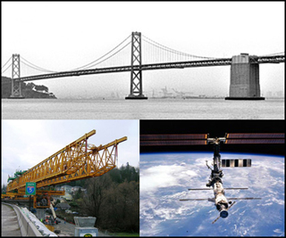 Collage of three small photographs: a bridge, construction equipment, and a space station.
