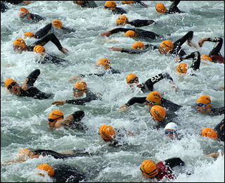 Dozens of swimmers in black wet suits and orange bathing caps race each other through choppy water.