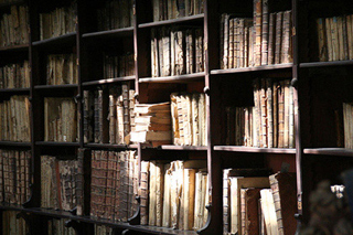 Shelves of old books in partial sunlight.