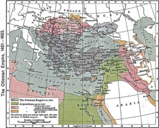 Four-color map of the lands surrounding the Eastern Mediterranean, showing the Ottoman Empire's waves of acquisition from modern Greece and Turkey, south into the Middle East and Egypt, north into the Balkans, and farther west into North Africa.