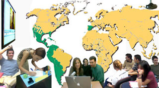 Classroom composite of Spanish students with a map of the world.