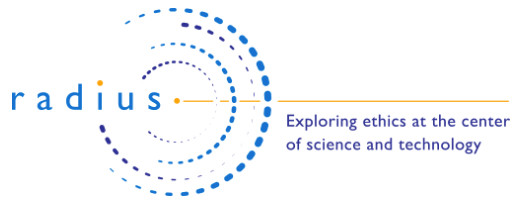 The word radius intercepting 5 concentric circles made of dots. A yellow line extends from a yellow dot at the center of the circle and accents the words: Exploring ethics at the center of science and technology. 