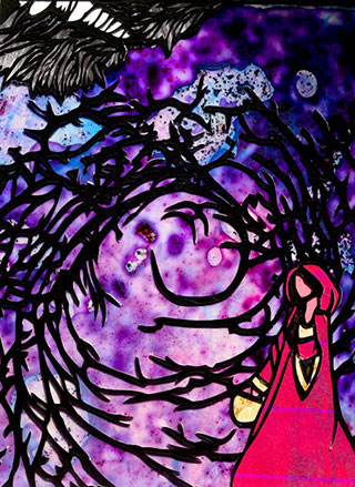 Stained glass artwork of Little Red Riding Hood carrying a basket with tree branches forming a circular pattern against a purple background.