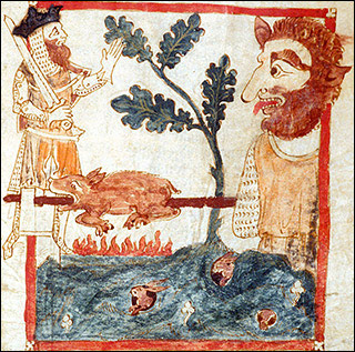 Color illustration of King Arthur finding a giant roasting a pig that was drawn in the margins of the text, Roman de Brut, by Wace.