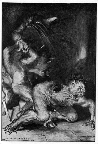 Black and white illustration of a man, Beowulf, tearing the arm and shoulder off a monster, Grendel.