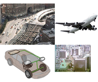 Image collage of road constuction, airplane, circuit board and car.