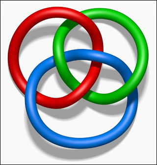 Three rings linked together in the colors red, green, and blue.