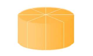 A cylinder of cheese cut into eight identical pieces.