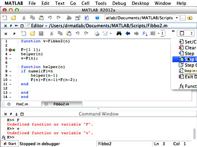 Screenshot of MATLAB's debugger mode and stepping into a function.