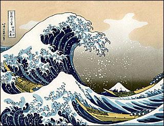 The Great Wave off Kanagawa by Japanese artist Hokusai. The print depicts an enormous ocean wave.
