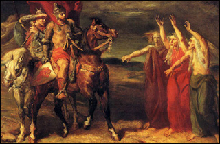 A painting of two men on horseback encountering three elderly women with their arms raised.