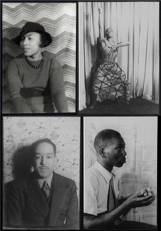 Black and white photographs of Zora Neale Hurston, Alvin Ailey, Langston Hughes, and Jacob Lawrence.