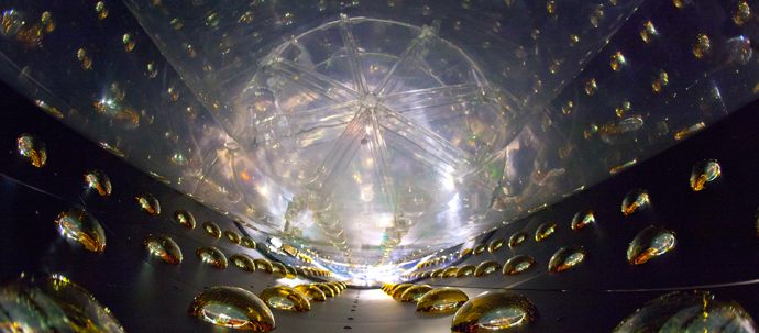 An array of bright yellow hemispheres line the outside of a irregularly shaped dark metal chamber, with a lit transparent element at the bottom.